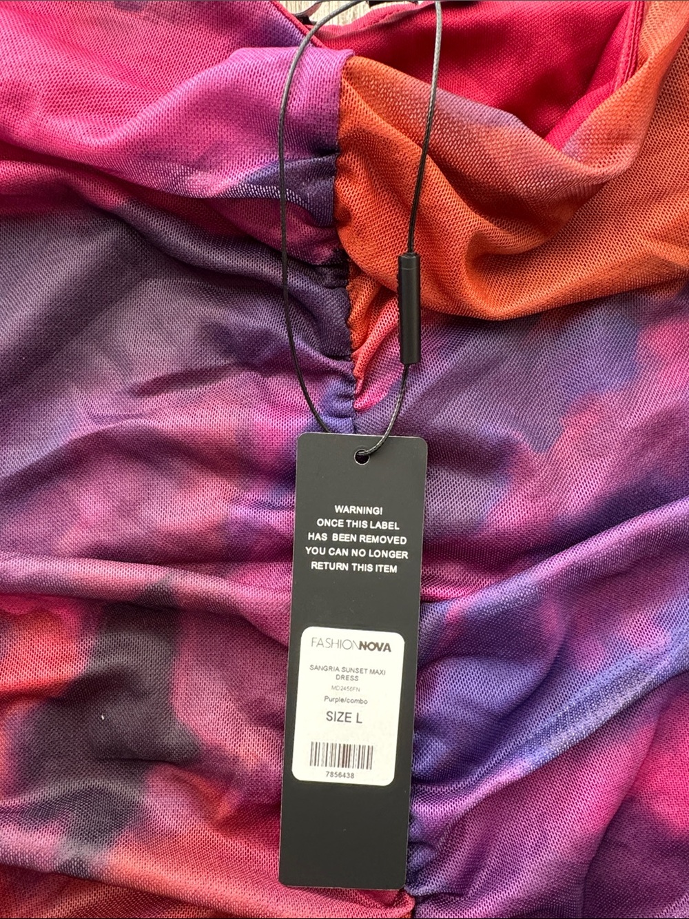 Off-Shoulder Ruched Midi Dress in Purple & Orange - Picture 6 of 7